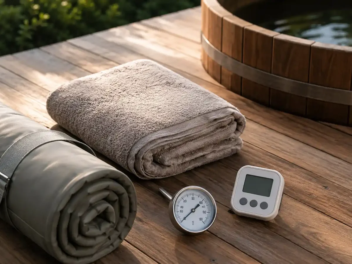 Organized best cold plunge gear setup including tub, thermometer, timer, and cover on a wooden deck