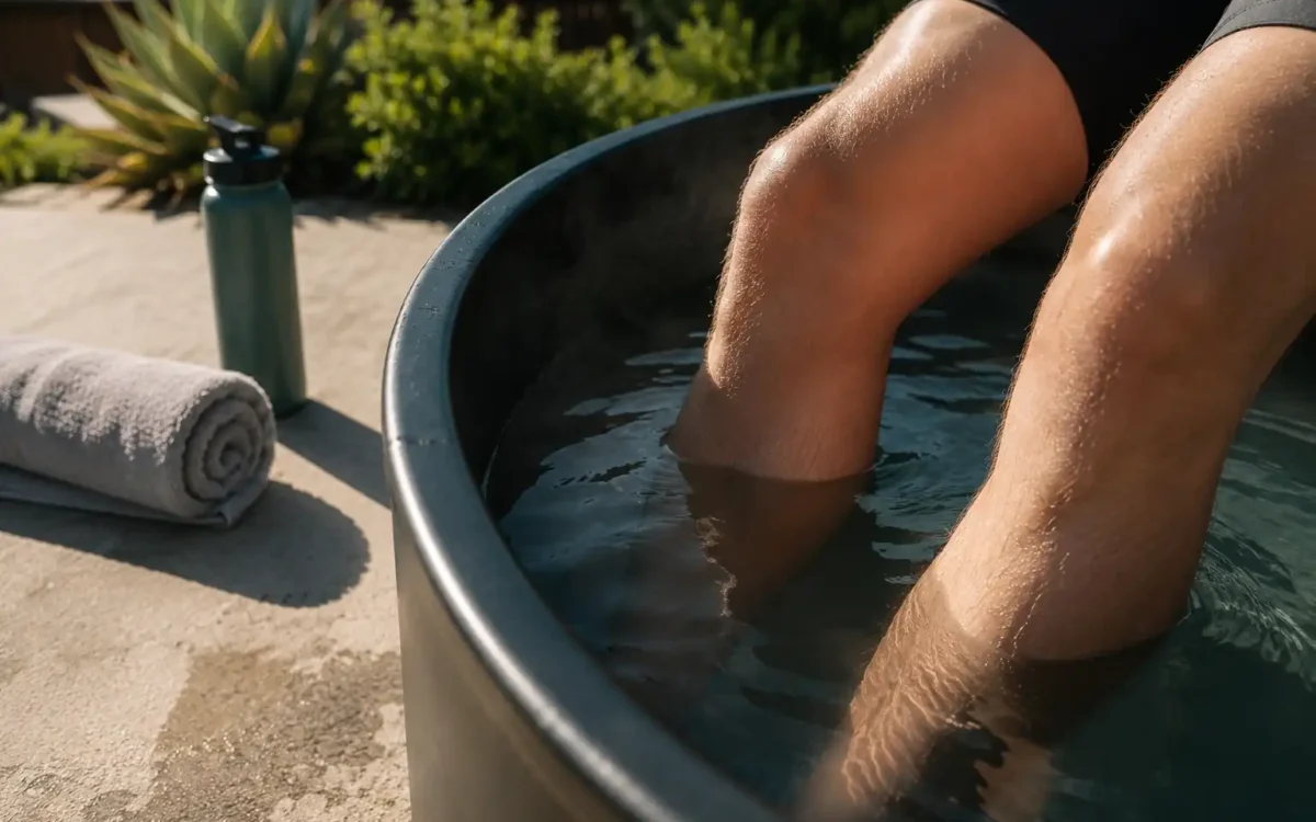 Legs submerged in a cold plunge tub after a workout, illustrating cold plunge and inflammation reduction