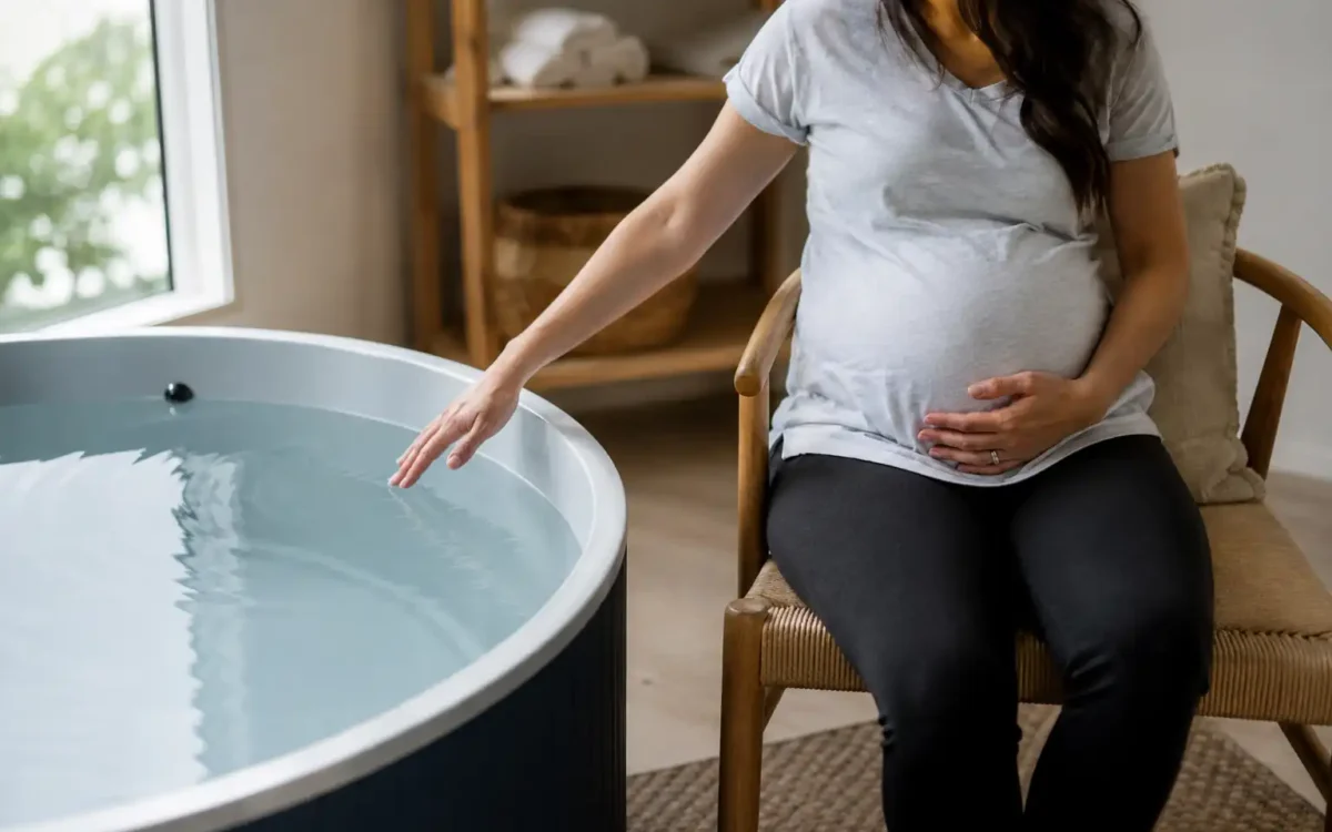 Pregnant woman cautiously testing water temperature, illustrating cold plunge during pregnancy considerations