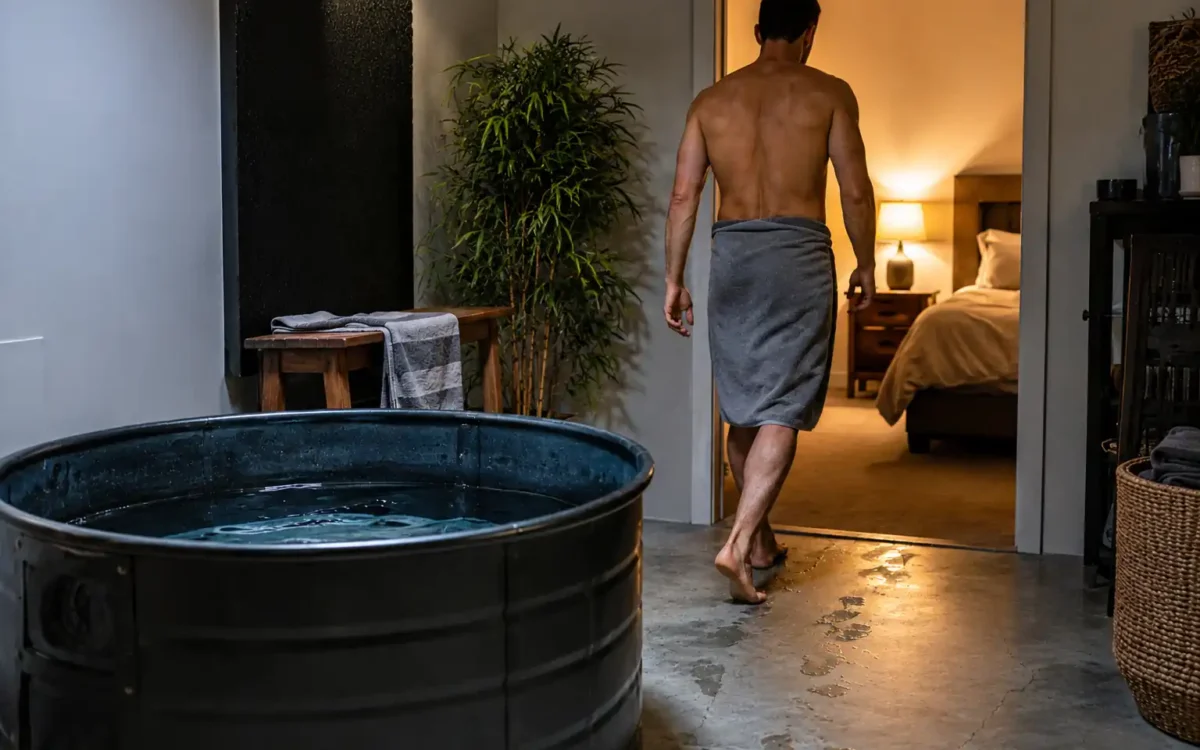 Person inflating a cold plunge tub on a small balcony, illustrating an inflatable cold plunge tub setup