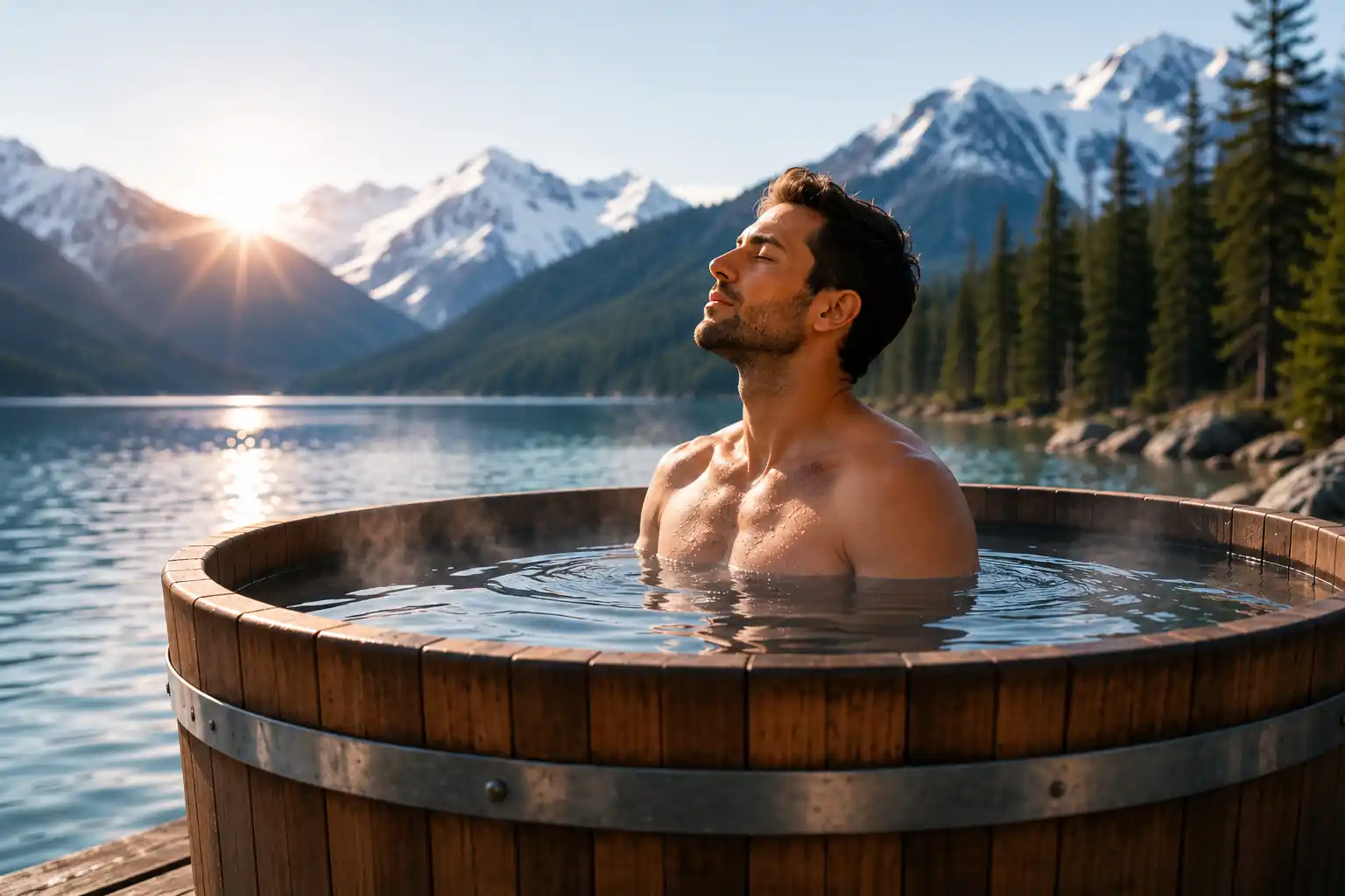 Person cold plunging in a mountain lake surrounded by snowy peaks
