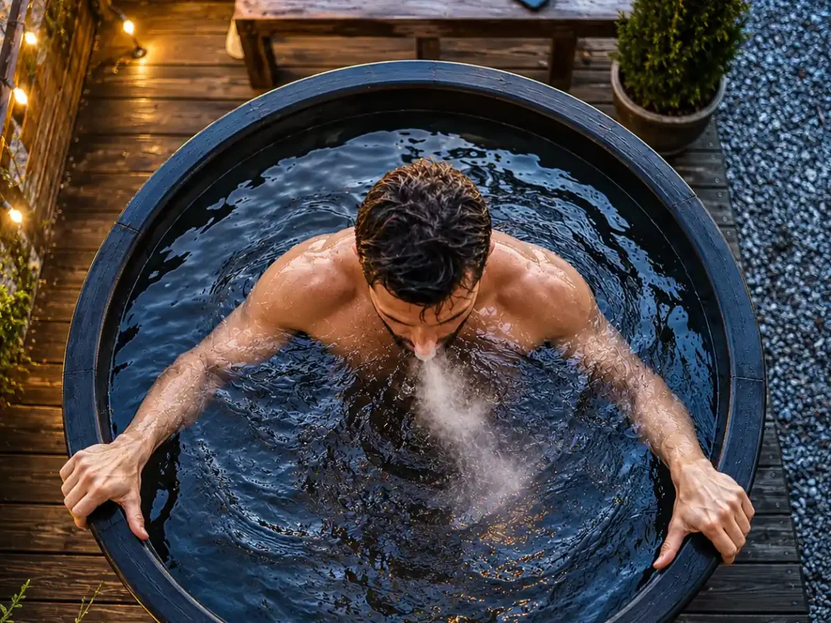 Overhead view illustrating cold plunge mistakes to avoid, showing a solo plunge at dusk