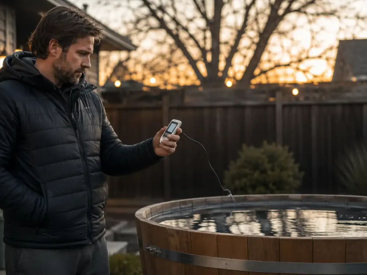 Person practicing cold plunge safety by checking water temperature before entering an outdoor tub