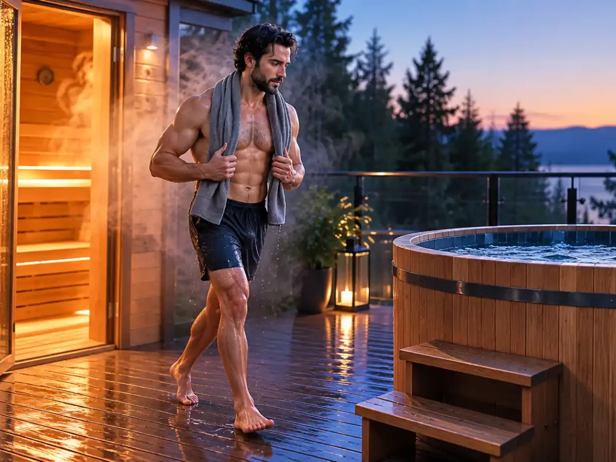 Person transitioning from sauna to cold plunge, illustrating the cold plunge vs sauna contrast therapy routine