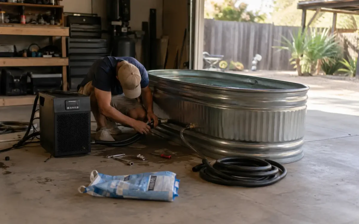 Person assembling a diy cold plunge setup with a stock tank and chiller in a garage
