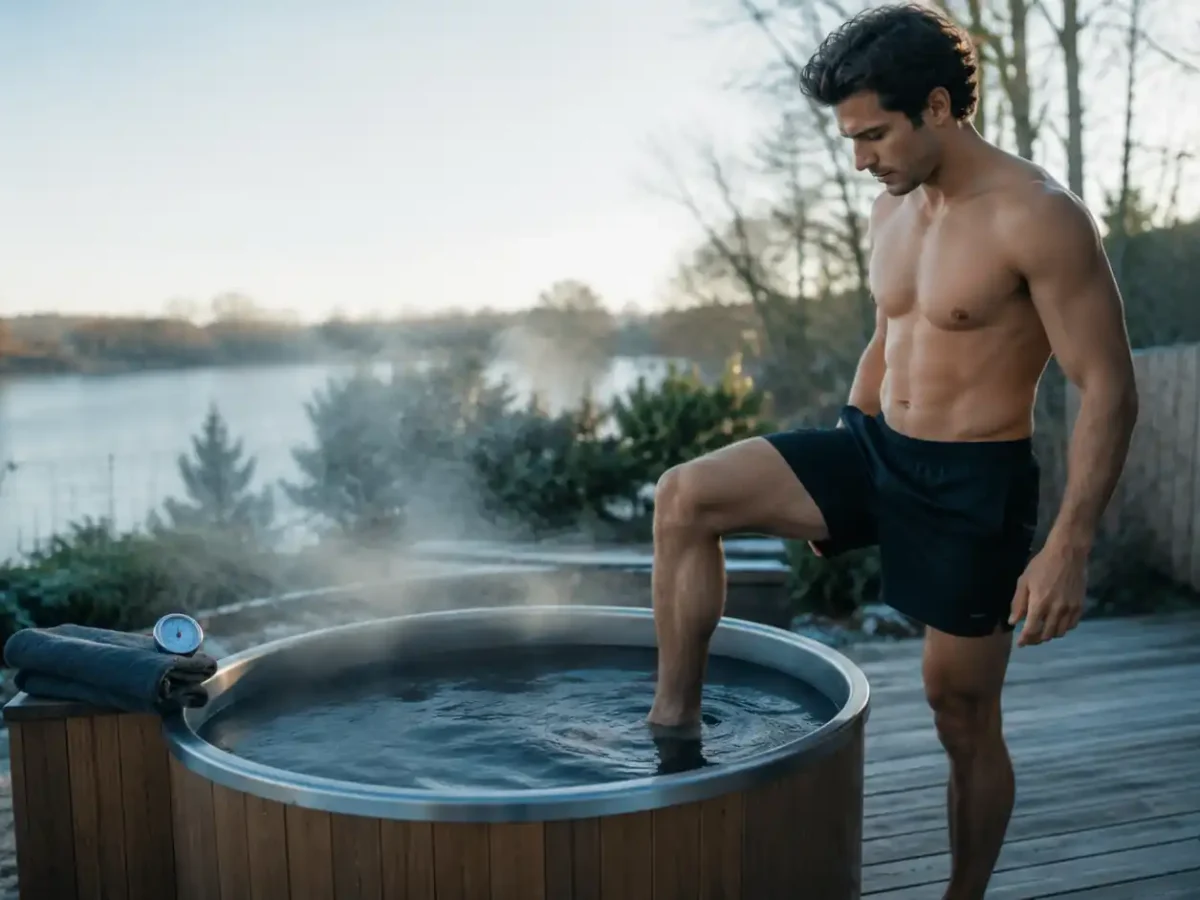 Beginner testing water temperature before stepping into an outdoor cold plunge tub for the first time, learning how to start cold plunging