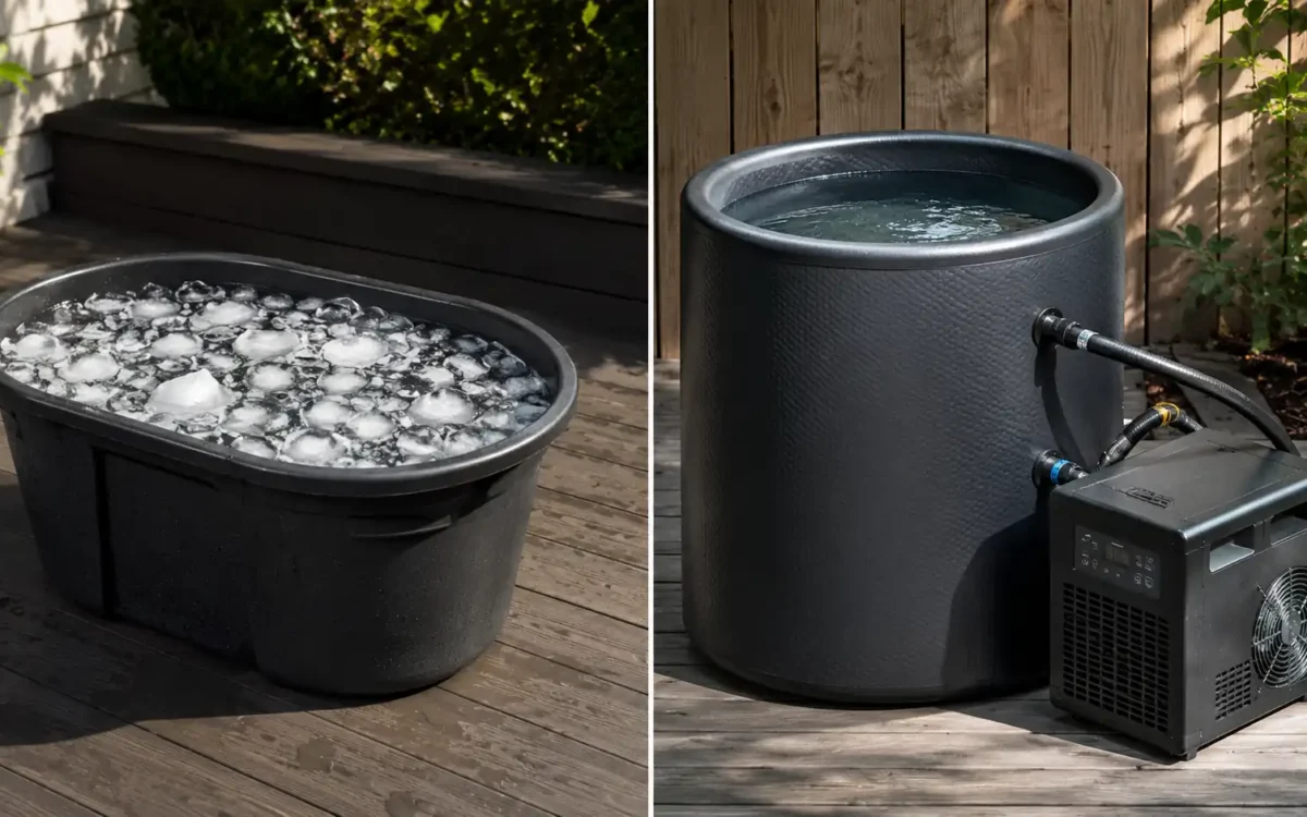 Side-by-side comparison of an ice bath vs cold plunge tub, showing the difference in setup and equipment