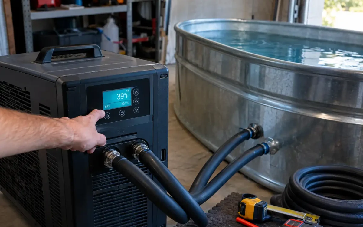 Hand adjusting a chiller's temperature display, illustrating how to choose the best cold plunge chiller