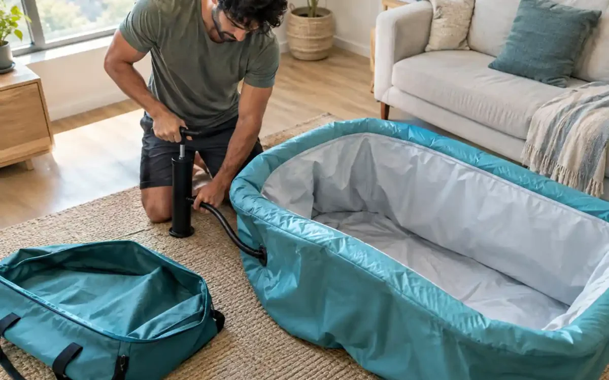 Person setting up the best portable cold plunge tub in a small apartment