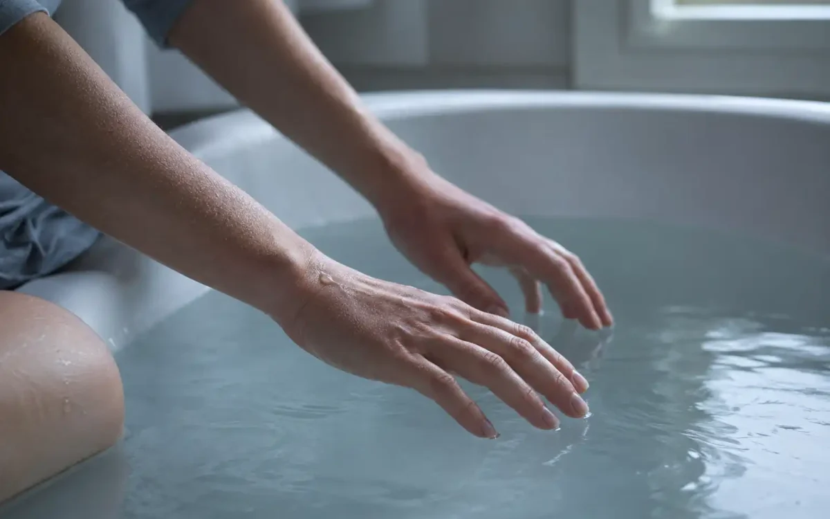 Hands hesitating above cold water, illustrating caution around cold plunge and Raynaud's disease
