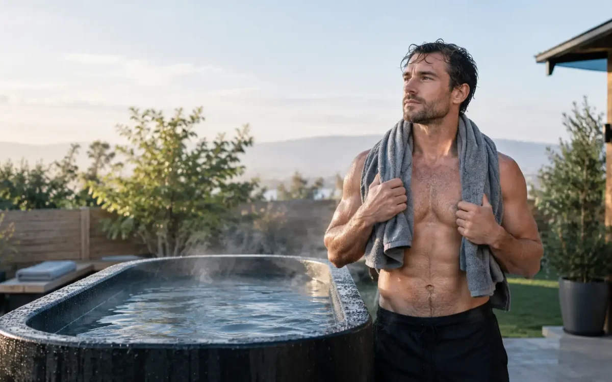 Cold plunge and testosterone research showing a man beside a cold plunge tub