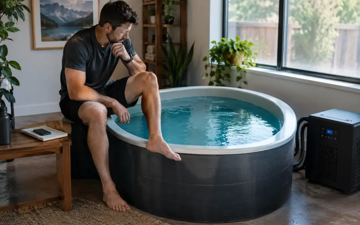 Person pausing thoughtfully at a cold plunge tub, representing cold plunge benefits and risks