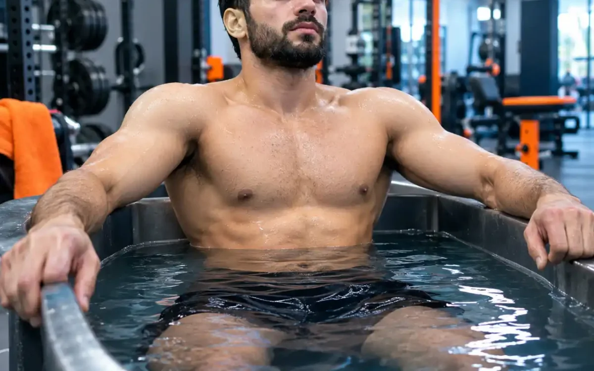 Athlete using cold plunge for athletes recovery routine in a gym setting