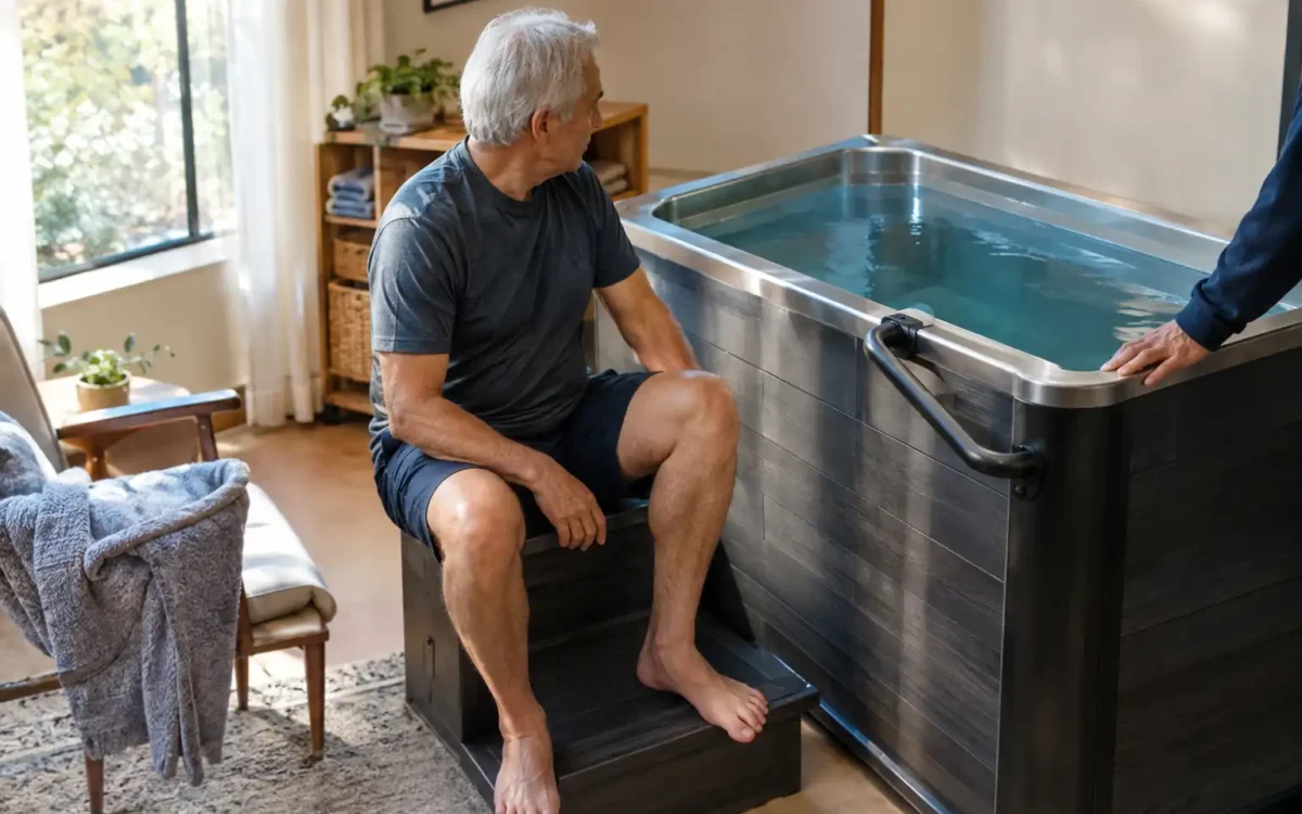 Older adult using a safe, supported cold plunge setup, illustrating cold plunge for seniors guidelines