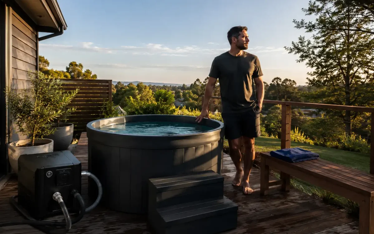 Person standing beside a home cold plunge setup, representing this complete cold plunge therapy guide