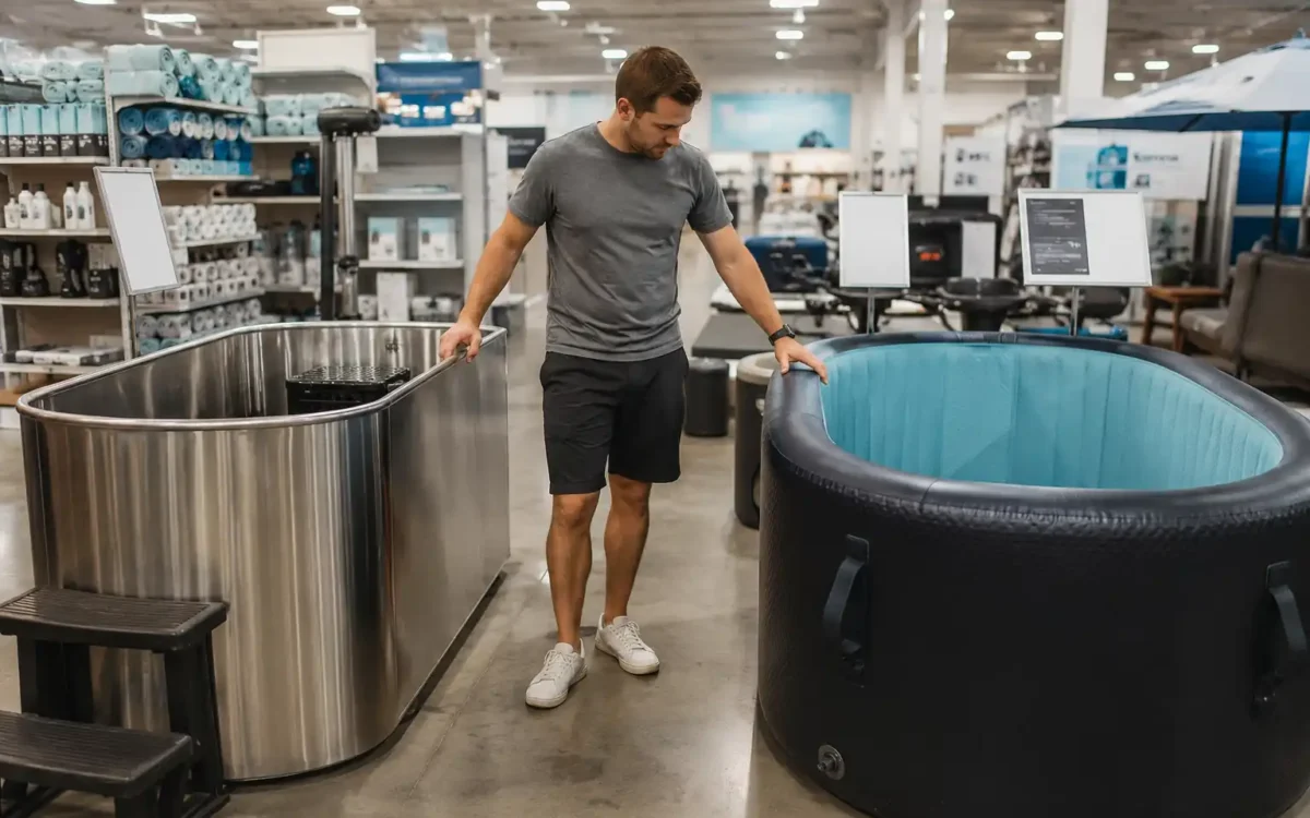 Person comparing two cold plunge tubs in a showroom, following a cold plunge tub buying guide