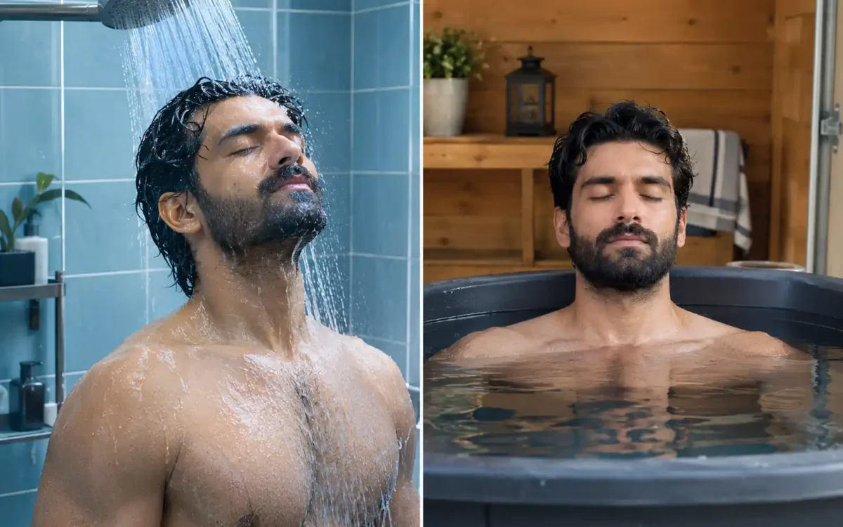 Split comparison image showing cold plunge vs cold shower side by side