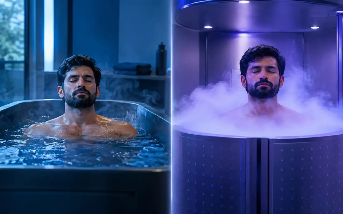 Split comparison image showing cold plunge vs cryotherapy side by side