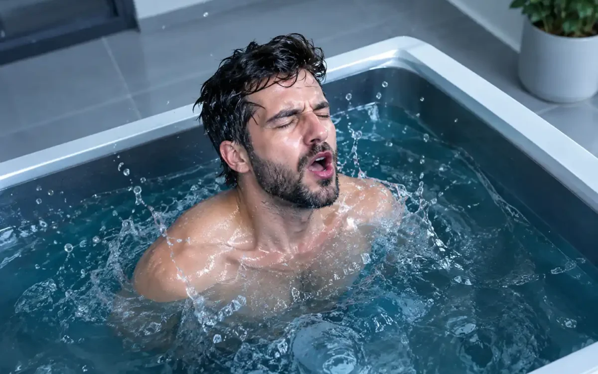 Person gasping at the moment of entry, illustrating cold shock response explained