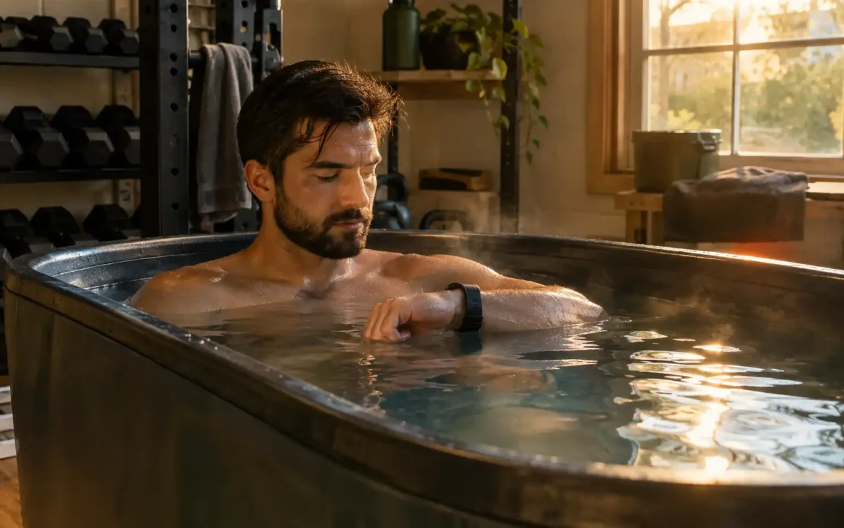 Person checking a timer to track how long should you cold plunge during a session