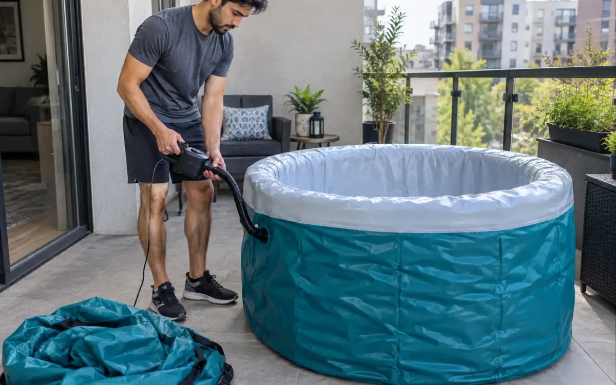 This image captures the practical portability of an inflatable cold plunge tub — quick setup in a compact space, no permanent installation required.