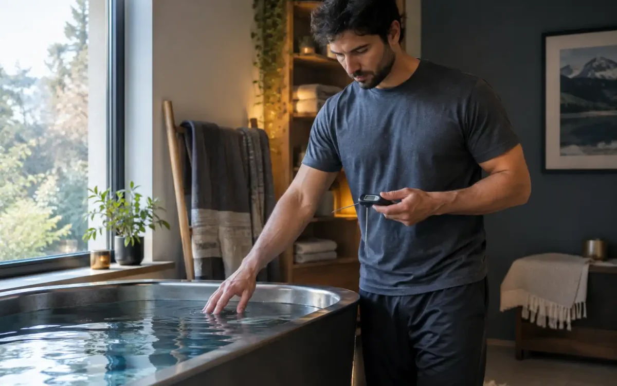 Person checking water temperature to confirm is cold plunge safe before entering