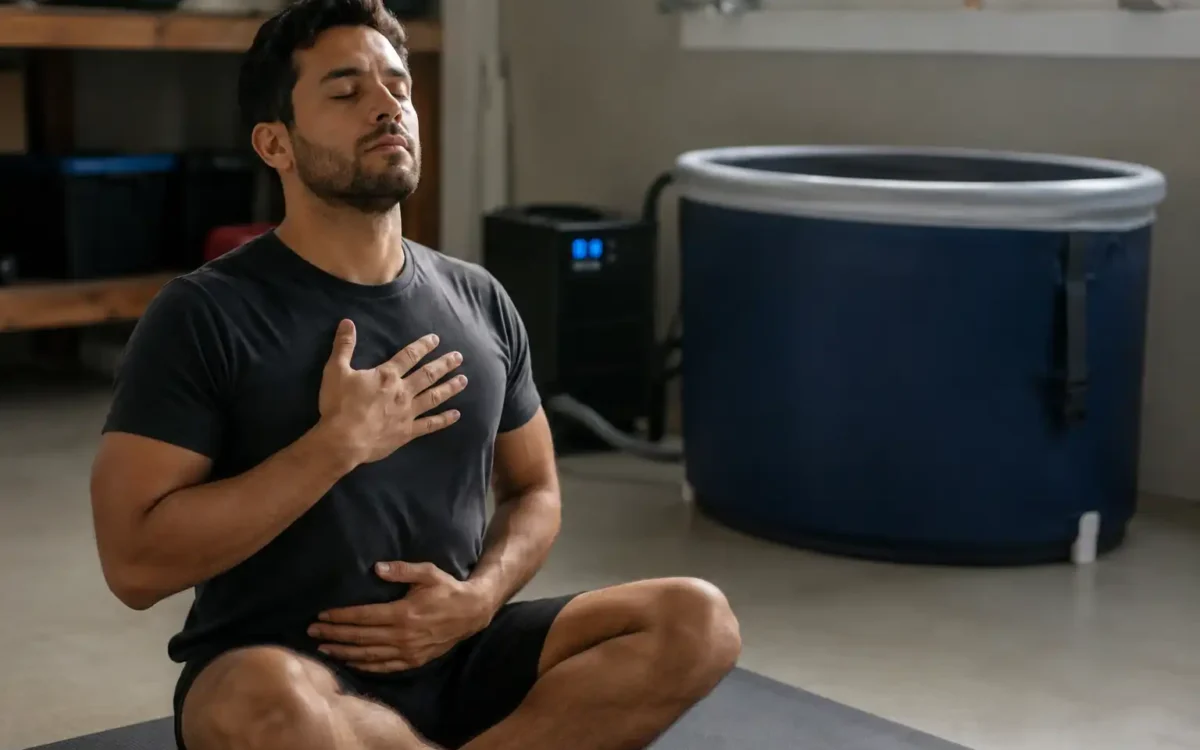 Person practicing breathing exercises on dry land near a cold plunge tub, illustrating wim hof method vs cold plunge