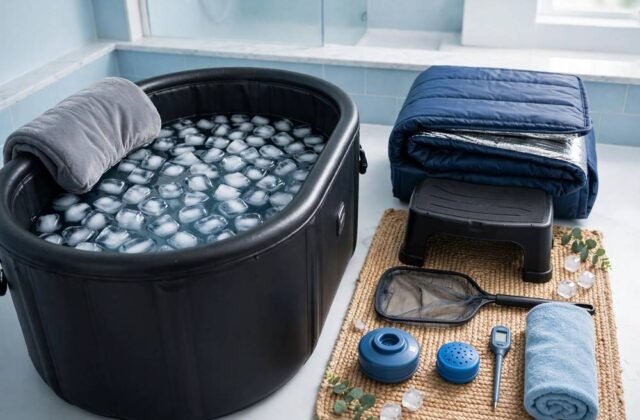 Cold plunge tub with useful accessories — insulated cover, thermometer, step stool and skimmer net