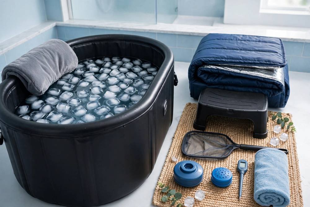 Cold plunge tub with useful accessories — insulated cover, thermometer, step stool and skimmer net