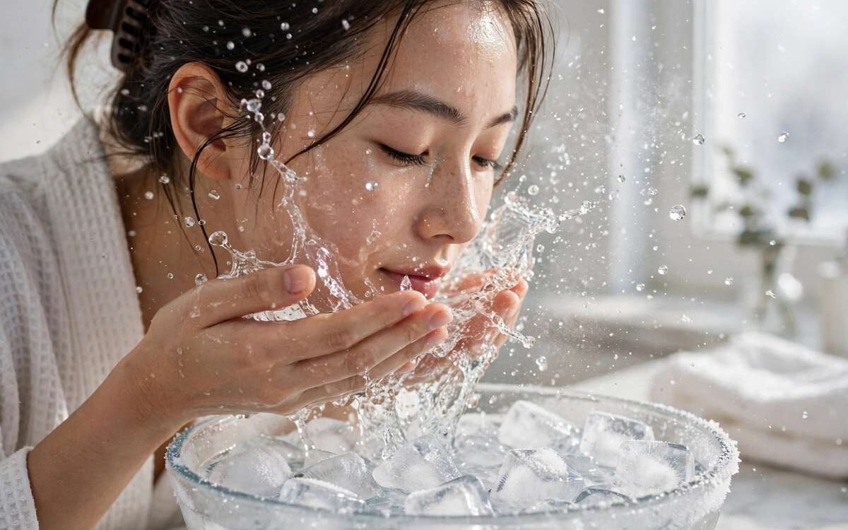 Woman splashing icy cold water on her face over a basin of ice cubes for face icing benefits