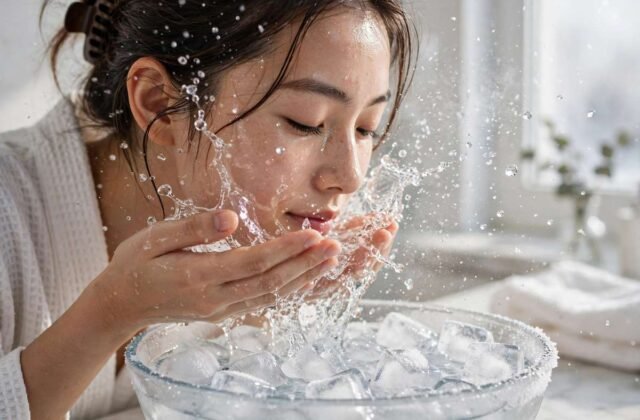 Woman splashing icy cold water on her face over a basin of ice cubes for face icing benefits